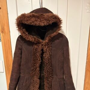 Sheepskin shearling lined jacket with hood. EUC